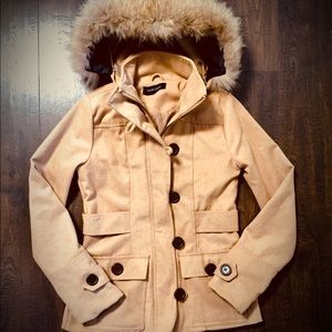 Tan Camel Wool Peacoat Pea CoatJacket + Fur Hood